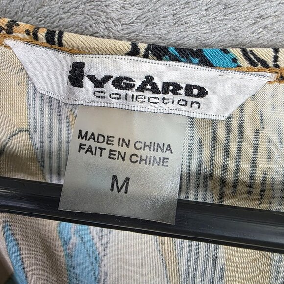 Womens Nygard Beige & Teal Abstract Blouse Short Sleeve V Neck Polyester Size M - Picture 2 of 7